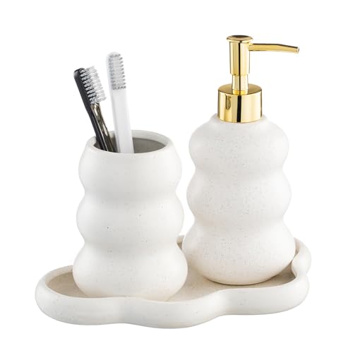 3-Piece Ceramic Bathroom Accessories Set with Sand Point Glaze Design - Tray, Lotion Dispenser, and Tumbler - Bring Nature to Your Bath - color: Beige