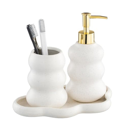 3-Piece Ceramic Bathroom Accessories Set with Sand Point Glaze Design - Tray, Lotion Dispenser, and Tumbler - Bring Nature to Your Bath - color: Beige