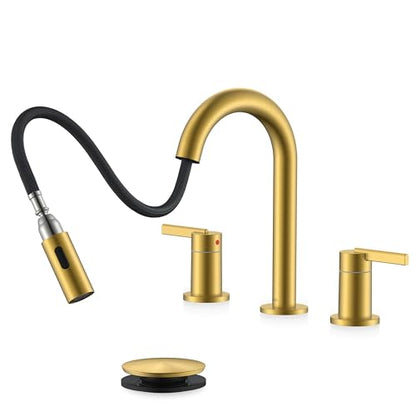 Brushed Gold Pull Down Widespread Bathroom Faucet 2 Handle 3 Hole | Pull Out Bathroom Faucet with Pop Up Drain & Supply Lines, Lead-Free cUPC & NSF Certified, 8 Inch Faucet for Vanity RV Sink - color: Brushed Gold