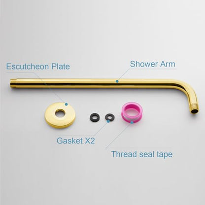 OFFO Shower Arm with Flange, 12 in Bright Gold Wall Mount Replacement Angle Shower Head Arm Wall-Mounted For Fixed Shower Head & Handheld Showerhead - color: Bright Gold, style: 12 in