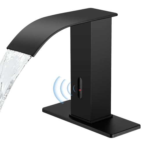 Automatic Motion Sensor Faucet with Waterfall Spout,Stainless Steel Sink Faucet with Hole Cover Plate (Regular, Black) - color: Black, size: Regular Waterfall