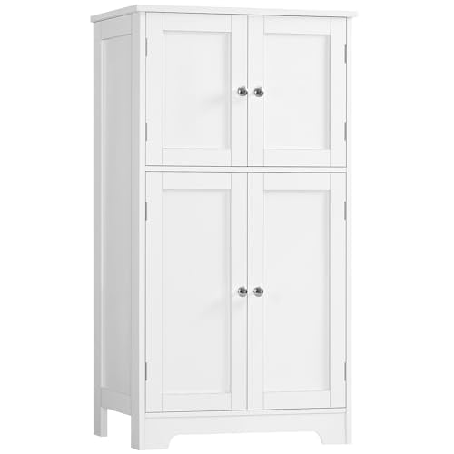 TEENFON Bathroom Floor Storage Cabinet, Freestanding Bathroom Storage Unit with 2 Adjustable Shelves & 4 Doors, White - color: White - 4 Doors, size: 43.3"H
