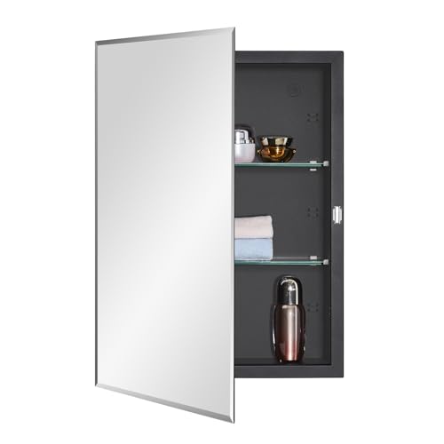 IDYLLOR Black Bathroom Medicine Cabinet with Beveled Edge Mirrored Door 16 x 22 inch, Recessed or Surface Mount, with Adjustable Glass Shelves - color: Matte Black, size: 16x22 inch Beveled Edge Mirror