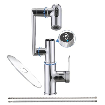 Rotatable Bathroom Sink Faucet with Temperature Display in Fahrenheit, Single Hole Chrome and 3 Outlet Modes Faucet, Battery-Free - color: Chrome-F