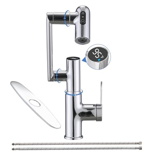 Rotatable Bathroom Sink Faucet with Temperature Display in Fahrenheit, Single Hole Chrome and 3 Outlet Modes Faucet, Battery-Free - color: Chrome-F