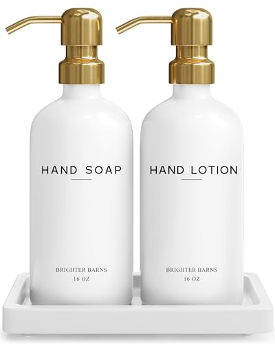 Luxury Glass Soap and Lotion Dispenser Set with Tray by Brighter Barns - Hand Soap Dispenser Bathroom Set & Stainless Steel Pump for Home or Airbnb - White and Gold Bathroom Accessories & Decor (Gold) - color: Gold Sl