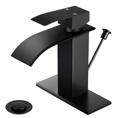 Black Waterfall Bathroom Faucet Single Handle with Lift Rod Drain | Bathroom Sink Faucet,Stainless Steel,supply hoses Deck included,1 or 3 Hole,Fits home,RV,farmhouse bathrooms - color: A-Matte Black, style: with Lift Rod Drain