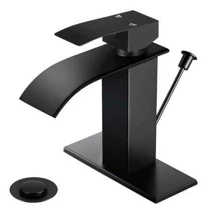 Black Waterfall Bathroom Faucet Single Handle with Lift Rod Drain | Bathroom Sink Faucet,Stainless Steel,supply hoses Deck included,1 or 3 Hole,Fits home,RV,farmhouse bathrooms - color: A-Matte Black, style: with Lift Rod Drain