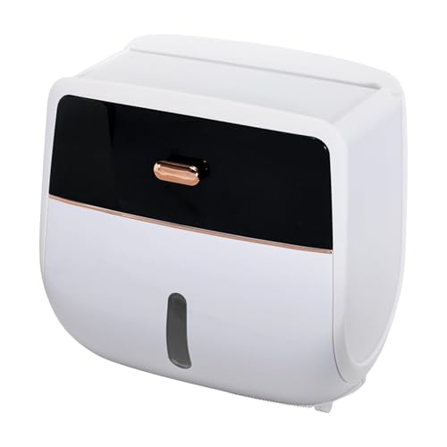 Toilet Paper Holder Wall Mount, Self Adhesive Paper Towels Holder with Drawer and Shelf Watertight Tissue Dispenser Semi-Auto Switch Toilet Tissue Roll Holders for Bathroom(Black)