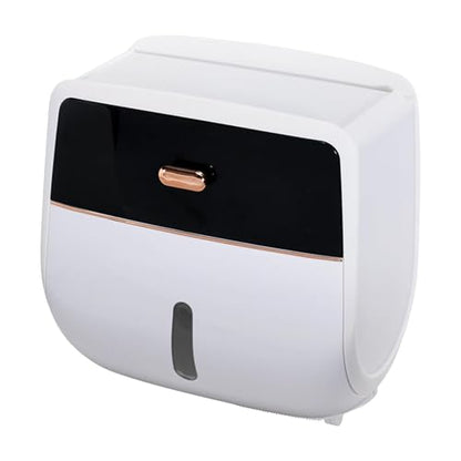 Toilet Paper Holder Wall Mount, Self Adhesive Paper Towels Holder with Drawer and Shelf Watertight Tissue Dispenser Semi-Auto Switch Toilet Tissue Roll Holders for Bathroom(Black)