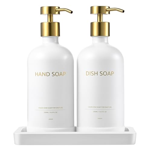 Glass Kitchen Soap Dispenser Set with Ceramic Tray | 16.9 floz Hand and Dish Soap Dispenser for Kitchen and Bathroom Decor (White Bottles + Gold Pumps) - color: White Bottles + Gold Pumps