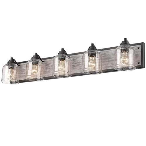 5-Light Bathroom Vanity Lights Large 40"with Bubble Glass Shade,Gray | Farmhouse Rustic style, Metal base with hand-painted wood grain, E26 Ceramic Base, UL&ETL Listed, mount up/down, over mirror - color: Gray, size: 5-Light