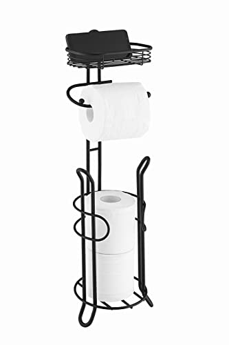SunnyPoint Bathroom Heavyweight Toilet Tissue Paper Roll Storage Holder Stand with Reserve and Shelve, The Reserve Area Has Enough Space to Store Mega Rolls. (Black) - color: Black