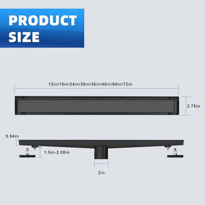 Linear Shower Drain 24 inch Matte Black with Tile Insert Grate | AISI 304 Stainless Steel Black Linear Drain Rectangle Shower Floor Drain with Hair Strainer and Leveling Feet - color: Black, size: 24 inch