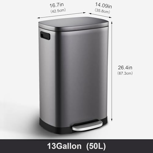 ELPHECO Kitchen Trash Can with Lid 13 Gal Stainless Steel Pedal Garbage Can | Soft Close Lid Pedal Heavy-Duty Fingerprint Proof Step Wastebasket with 20 Bags Removable Bucket, Home Office, Titanium Black - color: Titanium Black