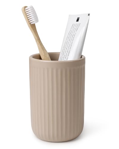 BosilunLife Ceramic Toothbrush Holder - 12oz Bathroom Toothbrush Holder Tooth Brush Holders Tumbler Cups Reusable Toothbrush Mouthwash Cup Small Toothbrush and Toothpaste Holder, Striped Khaki - color: Khaki--vsc, size: striped-cylinder