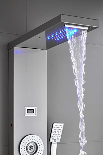ELLO&ALLO Stainless Steel Shower Panel Tower System,LED Rainfall Waterfall Shower Head 6-Function Faucet Rain Massage System with Body Jets, Brushed Nickel