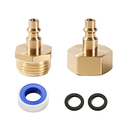 2 Pack Winterize Blow Out Adapter, Brass Winterize Blowout Adapter, Air Compressor Quick Connect 1/4" Plug to 3/4" GHT Garden Hose Fitting with Washers for RV, Boat, Camper and Trailer - style: Winterize Blow Out Adapter