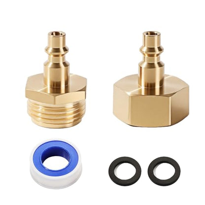 2 Pack Winterize Blow Out Adapter, Brass Winterize Blowout Adapter, Air Compressor Quick Connect 1/4" Plug to 3/4" GHT Garden Hose Fitting with Washers for RV, Boat, Camper and Trailer - style: Winterize Blow Out Adapter