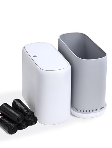 Dog Proof Small Bathroom Trash Can with Lid, Slim Press Top Garbage Can, Narrow White Plastic Waste Basket, for Bathroom Bedroom Office 4.8 Gal with 5 Rolls 75 Trash Bags
