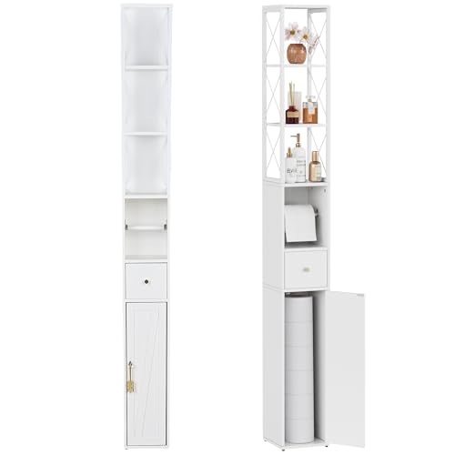 VECELO Narrow Bathroom Storage Cabinet with X-Frame Metal Design, 67" Tall Freestanding Cabinet with Toilet Paper Holder, Slim Tower Cabinet with Magnetic Door & Drawer, for Small Spaces, White - color: Hollow Top