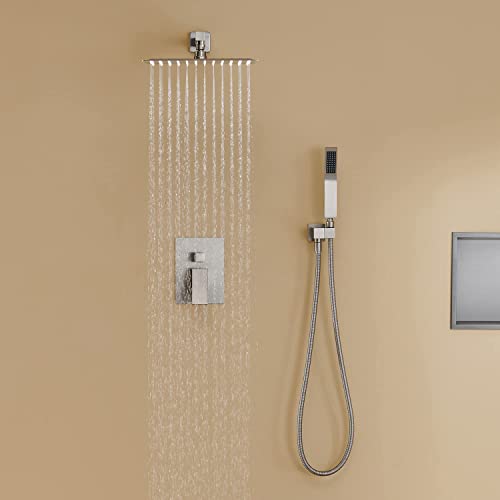 Rain Shower System 12 Inches Shower Combo Set Brushed Nickel Wall Mount Faucet Bathroom Faucets with Rainfall Shower Head and Hand Shower