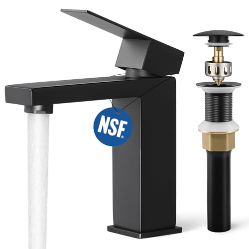 KES Black Bathroom Faucet & Bathroom Sink Drain Without Overflow, Single Handle Type Faucet with Pop Up Drain Stopper Stainless Steel Matte Black, L3156ALFF12-BK-C1 - color: Black, style: w/ Drain (NO Overflow) - Short Faucet