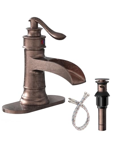Bathroom Faucet Copper Waterfall Bathroom Sink Faucets Taps | with Single Handle Rustic Vanity Farmhouse RV Faucet Suitable for 1 or 3 Holes with Pop-up Drain Deck Plate Hose Homevacious - color: Copper