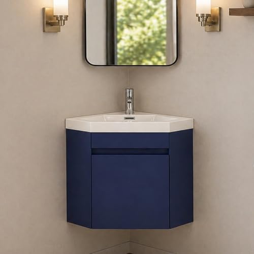 wonline 22" Corner Bathroom Vanity Sink Combo for Small Space Wall Mounted Cabinet Set Design Navy Resin Basin Sink Top Chrome Faucet and Drain - color: Navy