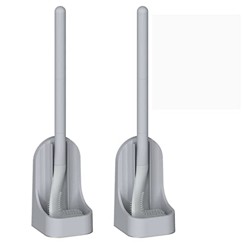 Toilet Brush, Long Handle Golf Toilet Brush with Holder 360° Deep Cleaning Flexible Silicone Toilet Cleaner Brush Wall Mounted for Bathroom (2Pcs Grey) - color: 2pcs Grey