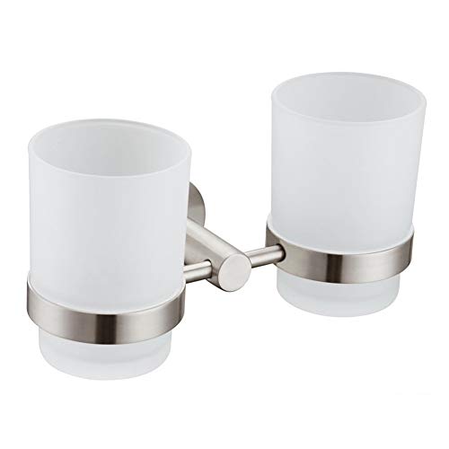 Double Toothbrush Holder, Angle Simple SUS304 Stainless Steel Wall Mounted Glass Tumbler Holder with Frosted Glass Cup Toothpaste Razor Organizer Bathroom Storage, Brushed Nickel - color: Brushed Steel