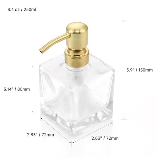 Square Bathroom Soap Dispenser Brushed Gold, Glass Bottles with Stainless Steel Pump 8.4 OZ Cube Liquid Soap Dispenser Hand Kitchen - color: Gold