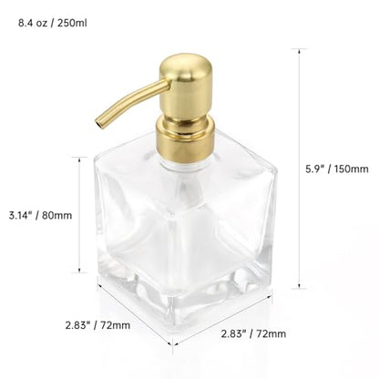 Square Bathroom Soap Dispenser Brushed Gold, Glass Bottles with Stainless Steel Pump 8.4 OZ Cube Liquid Soap Dispenser Hand Kitchen - color: Gold