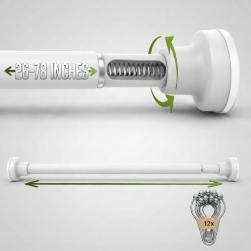 Shower Curtain Rod With 12 Hooks - 26x78 in No Screw Curtain Rod | Rust Free & No Drill Curtain Rod with Spring, Versatile & Heavy Duty Tension Rod for Home, Kitchen, Bedroom, Closet & Showers - color: white-hk