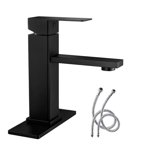 Black Bathroom Faucet Single Hole with Pop-Up Drain | Single Handle Bathroom Sink Faucet with Deck Plate, Suitable for RV, Farmhouse, Vanity Sinks, 1 or 3 Hole Installation - color: Black