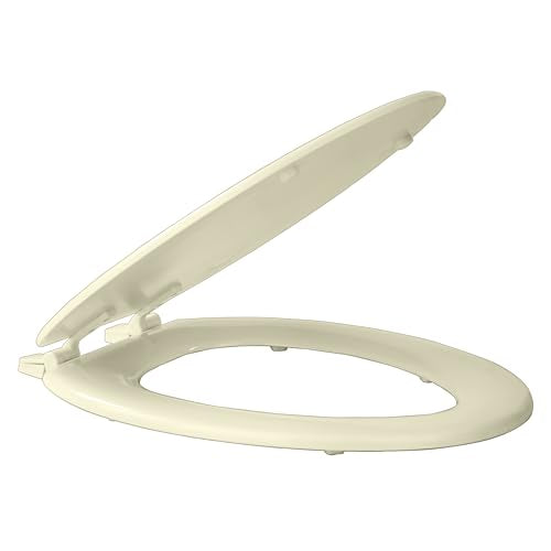 PowerSellerUSA Wood Elongated Toilet Seat, Adjustable Hinges Toilet Seats with Non Slip Grip Tight Bumpers, Oval Shape Heavy Duty Wooden Bathroom Toilet Seat Close Lid Set, Bone - color: Bone - Wood, size: 19" Elongated