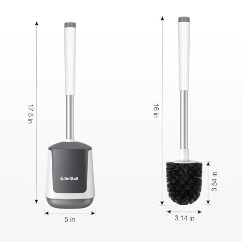 SetSail Toilet Brush and Holder 2 Pack, Self Closing Lid Toilet Bowl Brushes Holder and Extra Long Handle Ventilated Toilet Brush Set for Bathroom Cleaning, Nylon Bristles, White & Grey - color: White & Grey, size: 2 packs