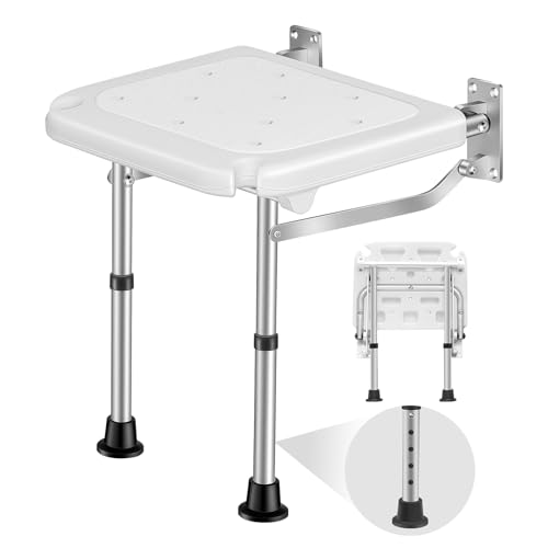 Wall Mounted Folding Shower Seat | Height-Adjustable, 400lbs Heavy Duty Support, Foldable, For Elderly, Adults, Pregnant Women & Disabled