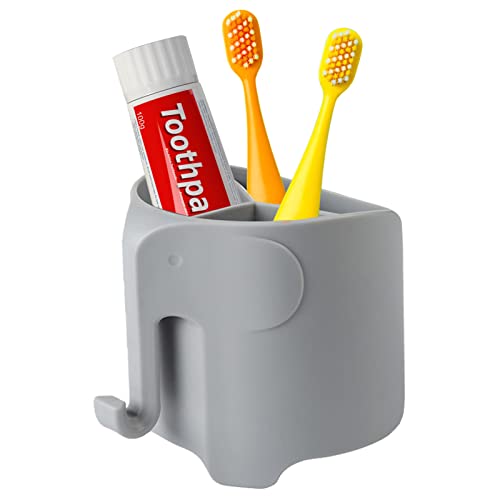 Elephant Toothbrush Holder for Toddler, Suction Cup Cute Toothbrush Holder for Kids, for Bathroom, with 3 Slots and 1 Hook, Grey - color: Grey