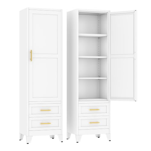 Ckzbx Tall Narrow Storage Cabinet, 66.93" H Tall Bathroom Cabinet Metal Pantry Cabinets with Drawers, 3 Adjustable Shelves, for Kitchen, Bathroom, Home Office, Living Room (White) - color: White, size: 20"W-C