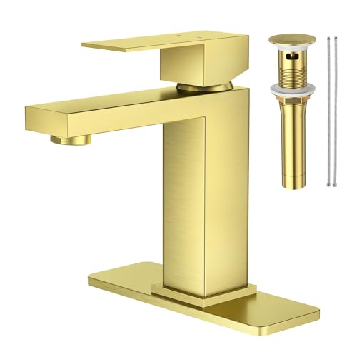 Faustina Light Gold Bathroom Faucet, Single Handle Stainless Steel Bathroom Vanity Faucet with Metal Pop-Up Drain & Deck Plate for 1 or 3 Hole - color: Gold, style: Classic