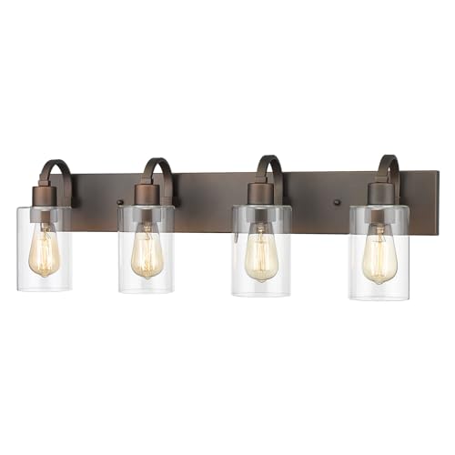 Emliviar 4-Light Bathroom Vanity Light - Farmhouse Bathroom Wall Lighting, Oil Rubbed Bronze Finish with Clear Glass, YCE237B-4W ORB - color: Oil Rubbed Bronze - Clear Glass, size: 4-Light