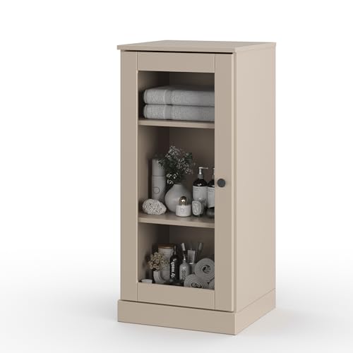 100% Solid Wood 16.5"" Bathroom Storage Cabinet with Clear Glass Door & Adjustable Shelves - color: Beige, style: Clear Glass Door