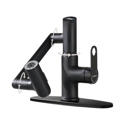 CHOMELY Single Hole Rotatable Bathroom Faucet with Temperature Display in Fahrenheit (Batteries-Free) 3 Water Modes 360 Degree Rotating Sink Faucet, Matte Black - color: Black