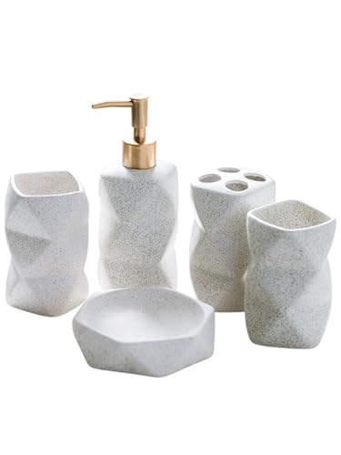 Ceramic Bathroom Accessories Set, 5-Piece Modern Bath Set with Soap Dispenser, Toothbrush Holder, 2 Tumblers & Soap Dish, Speckled Stoneware Countertop Bathroom Decor