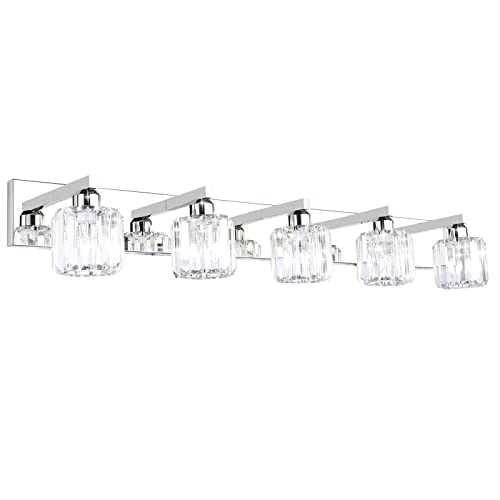 Aipsun Crystal Bathroom Vanity Light Stainless Steel Modern Vanity Light 5 Lights Crystal Bathroom Vanity Light Fixtures (Exclude Bulb) - color: Chrome (Round), size: 40 inch
