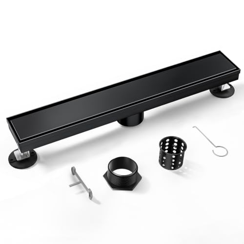 Linear Shower Drain, 304 Stainless Steel with Adjustable Leveling Feet, Hair Strainer,Reversely Install Place to Create an Invisible Floor Drain - Black -18-Inch - color: Matte Black, size: 18inch