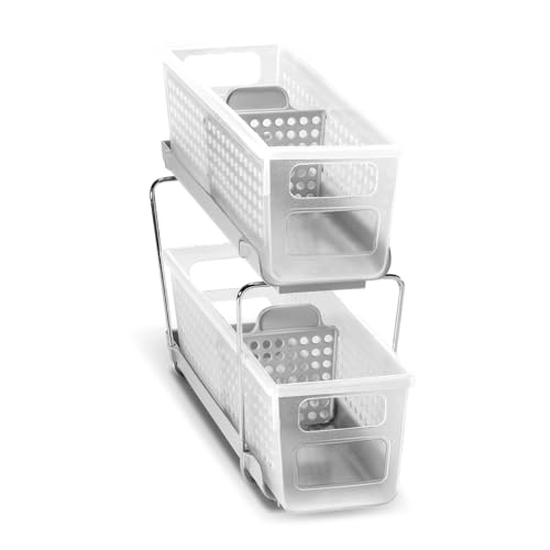 madesmart Mini 2-Tier Organizer, Multi-Purpose Slide-Out Storage with Handles and Dividers for Home and Bath, Frost | pull out bins, adjustable dividers, tiered access, cleaning supplies, under sink use, pantry bottles, woman owned - color: Grey