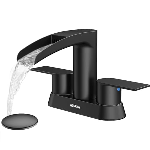 Bathroom Sink Faucet for 3 Hole, Hurran 4 Inch Bathroom Faucets with Pop-up Drain, Stainless Steel 2-Handle Waterfall Faucet for Bathroom Sink, Matte Black - color: Black