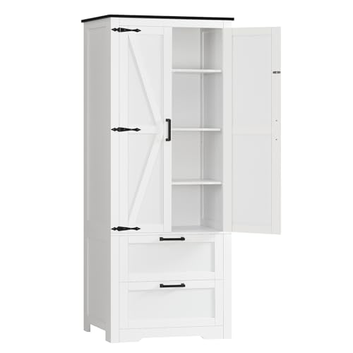 66.1" H Storage Cabinet with 2 Drawers, Farmhouse Kitchen Pantry Cabinet with 2 Doors & Adjustable Shelf, Bathroom Cabinet, for Living Room, Kitchen, Bathroom, White - color: White